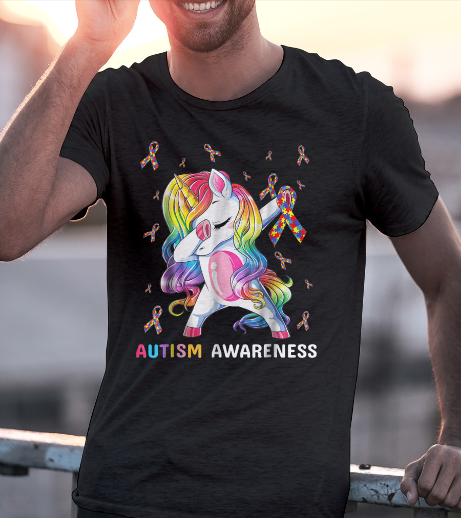Autism Awareness Unicorn Dabbing With Rainbow Puzzle Ribbons T-Shirt