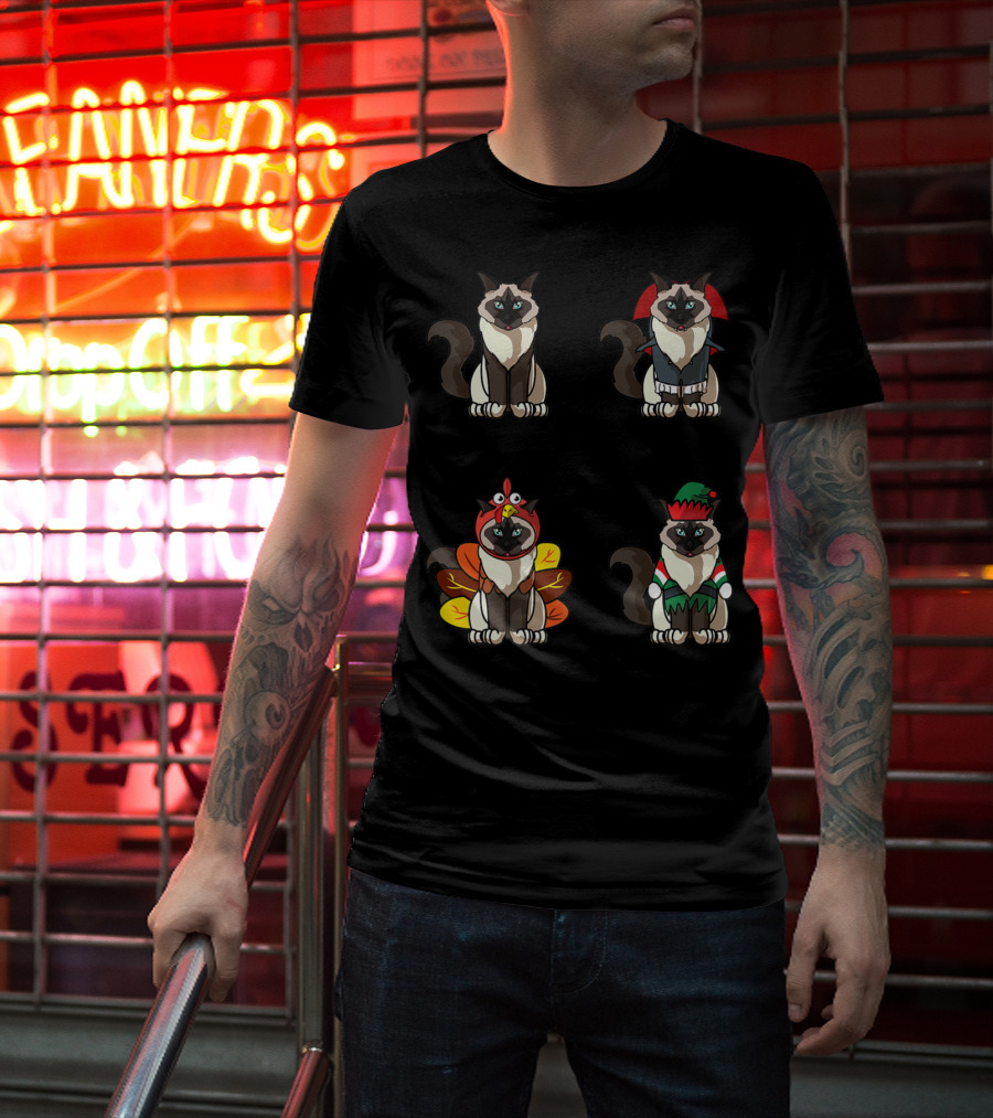 Birman Cat Dracula Turkey Elf Halloween Thanksgiving Christmas T-Shirt