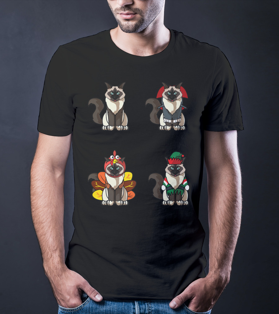 Birman Cat Dracula Turkey Elf Halloween Thanksgiving Christmas T-Shirt