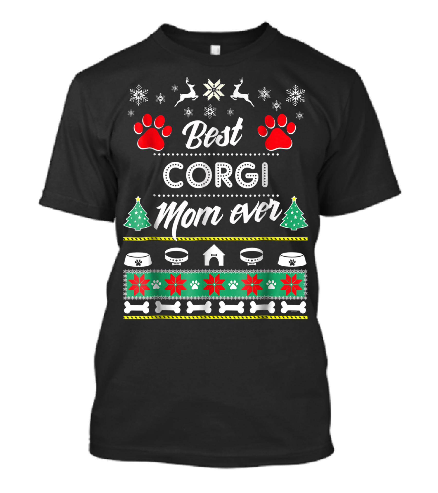 Best Corgi Mom Ever Christmas Snowflakes Reindeer Trees Paws T-Shirt