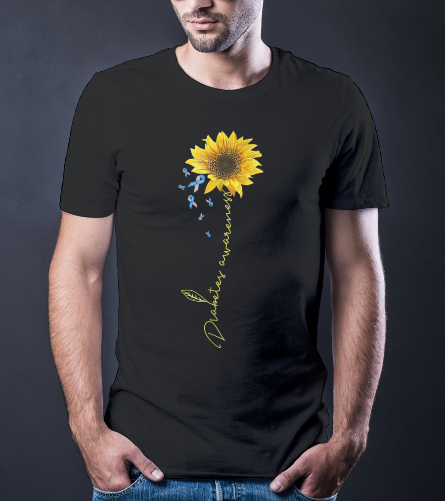Diabetes Awareness Sunflower With Blue Ribbons T-Shirt