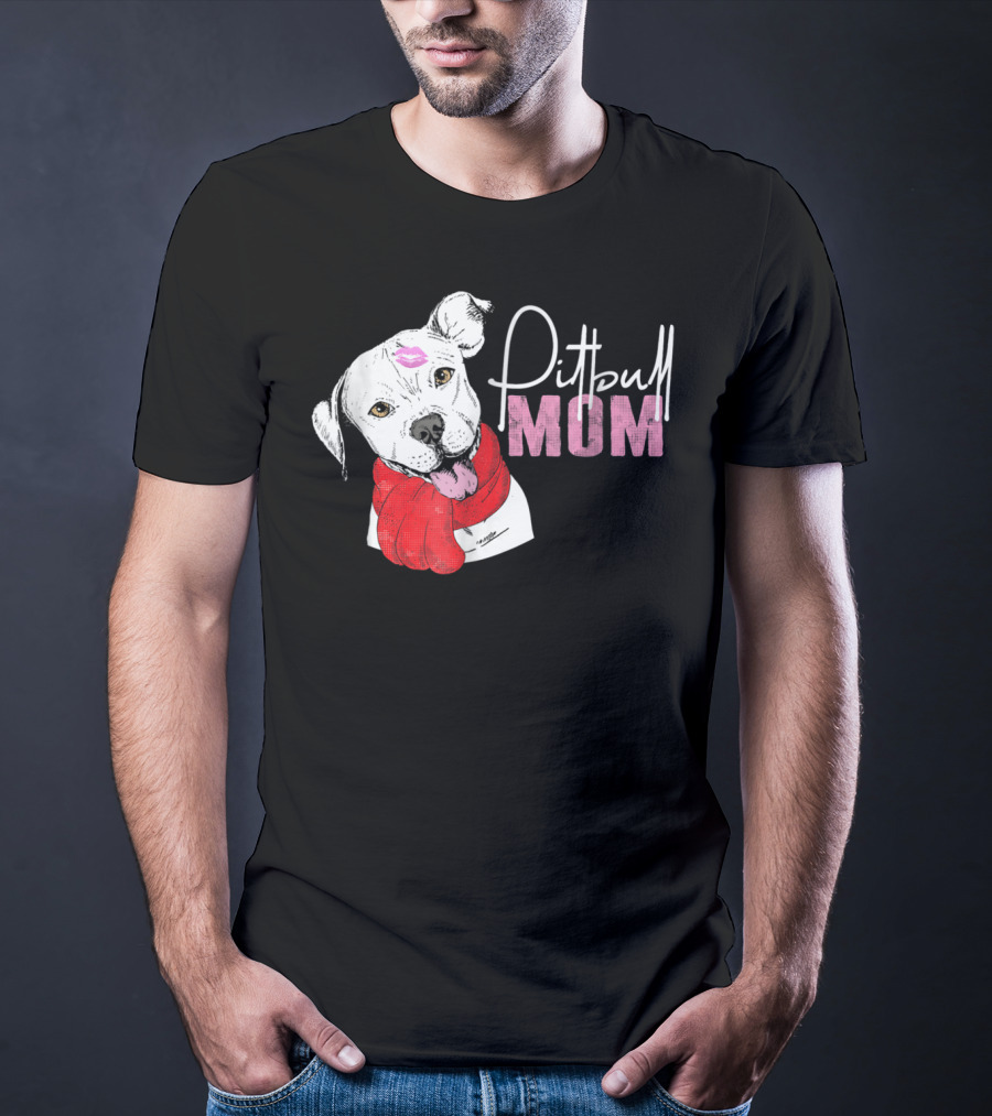 Pitbull Mom Pittie With Kissed Face And Red Scarf T-Shirt