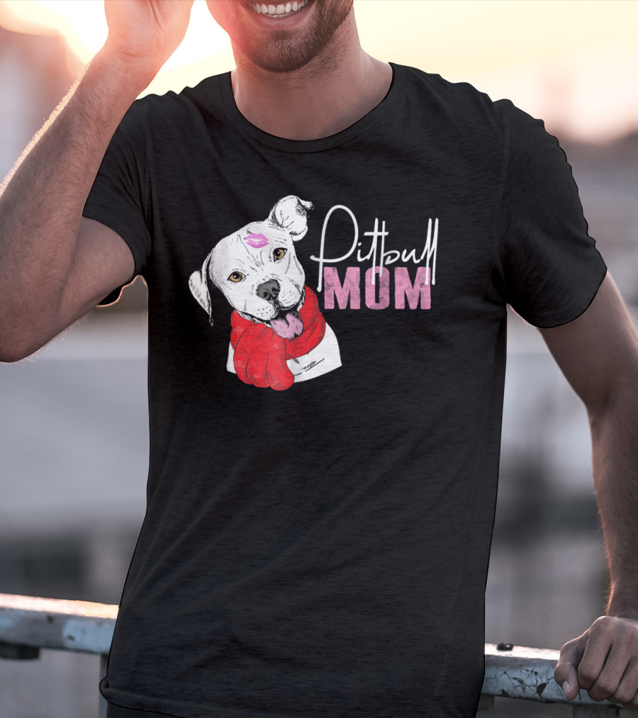 Pitbull Mom Pittie With Kissed Face And Red Scarf T-Shirt