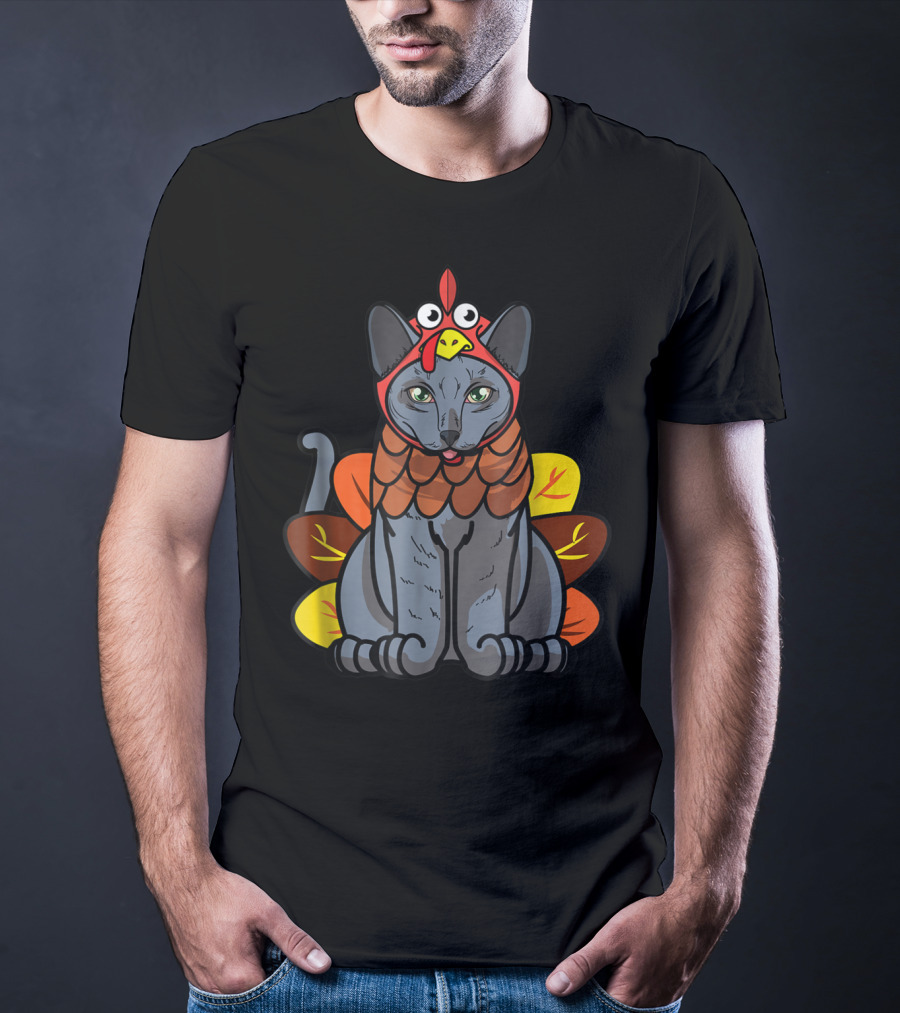 Thanksgiving Greetings Blue Cat Mom Owner With Turkey Costume T-Shirt