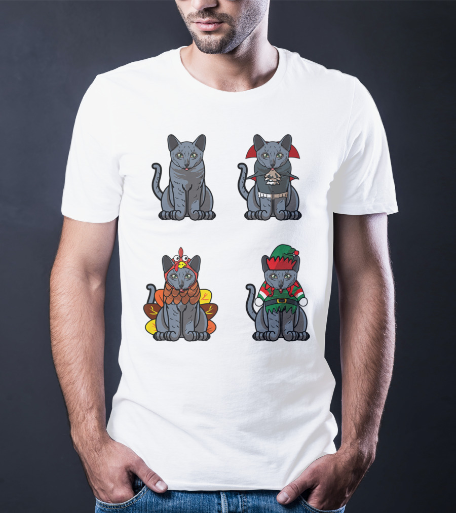 Blue Cat Halloween Thanksgiving Christmas Costumes T-Shirt