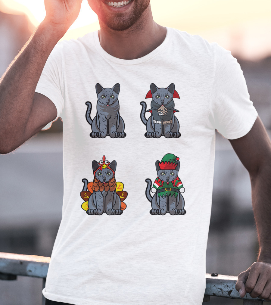 Blue Cat Halloween Thanksgiving Christmas Costumes T-Shirt