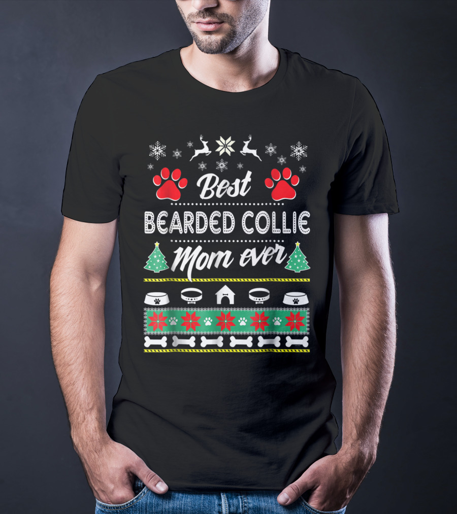 Best Bearded Collie Mom Ever Snowflake Reindeer Paw Print Christmas T-Shirt