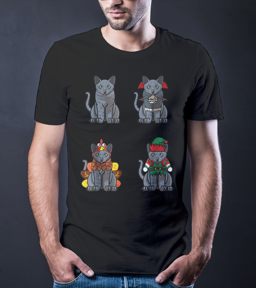 Blue Halloween Thanksgiving Christmas Cat Costume Quartet T-Shirt