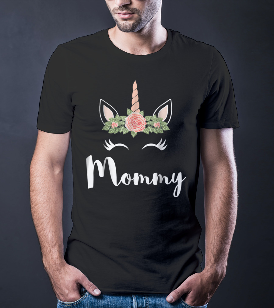 Mommy Cute Unicorn Face Mommy Flower Crown T-Shirt