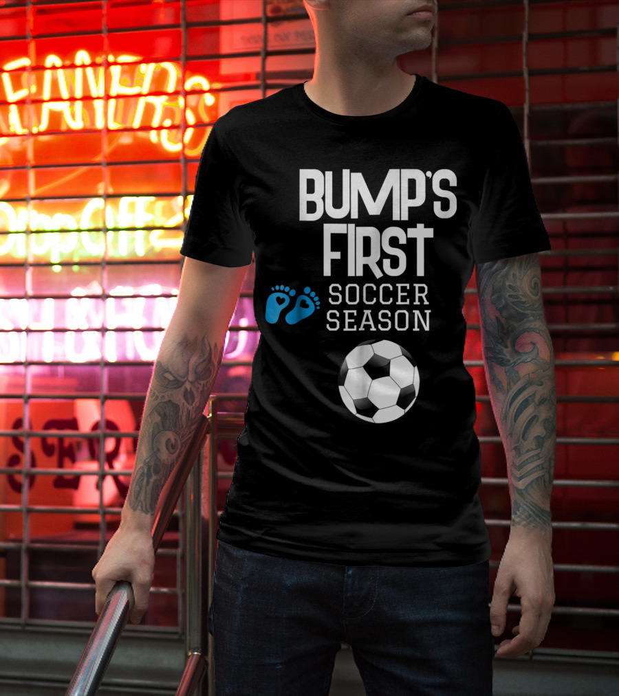 Bump's First Soccer Season New Mom To Be With Baby Footprints And Soccer Ball T-Shirt
