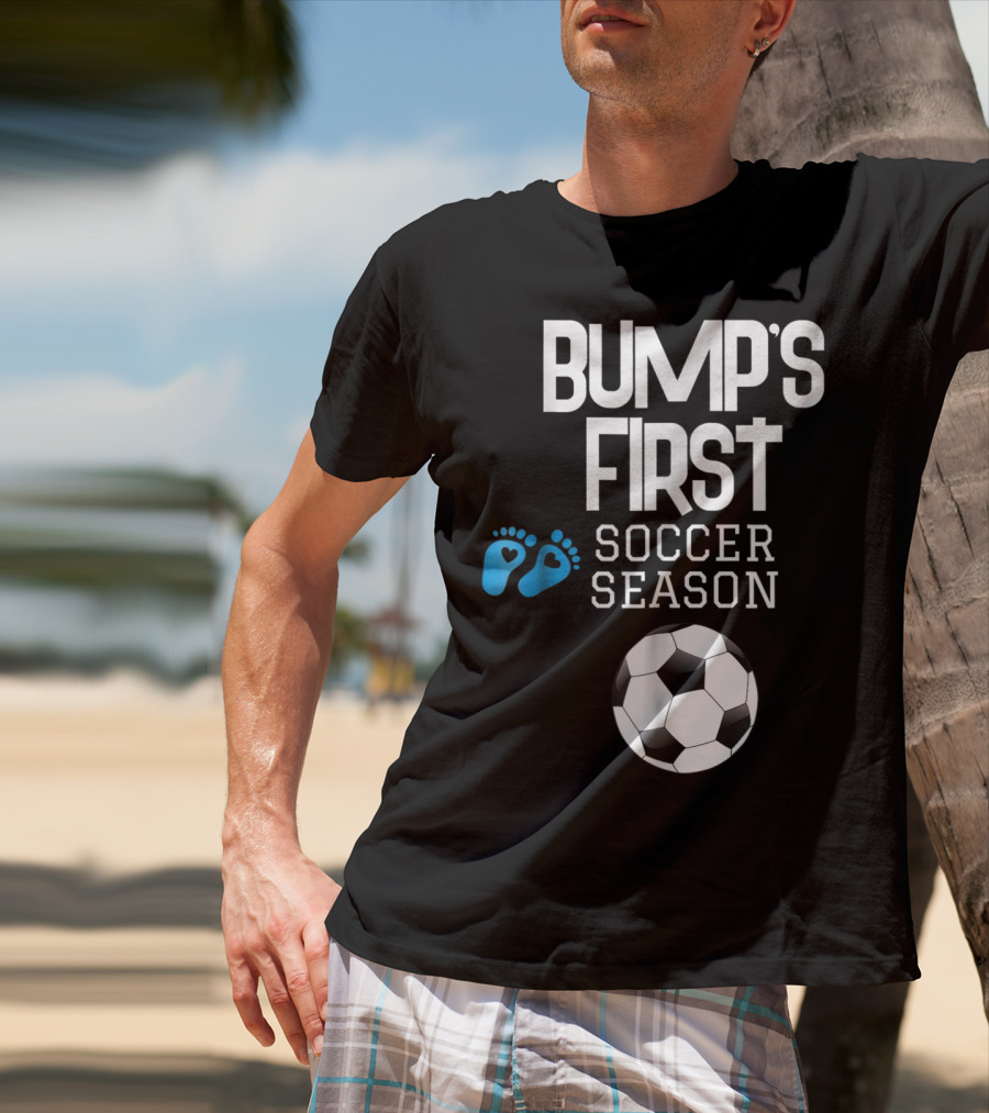Bump's First Soccer Season New Mom To Be With Baby Footprints And Soccer Ball T-Shirt
