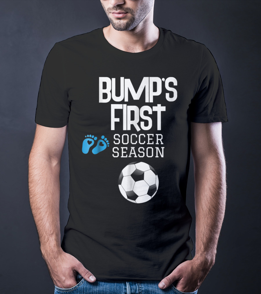 Bump's First Soccer Season New Mom To Be With Baby Footprints And Soccer Ball T-Shirt