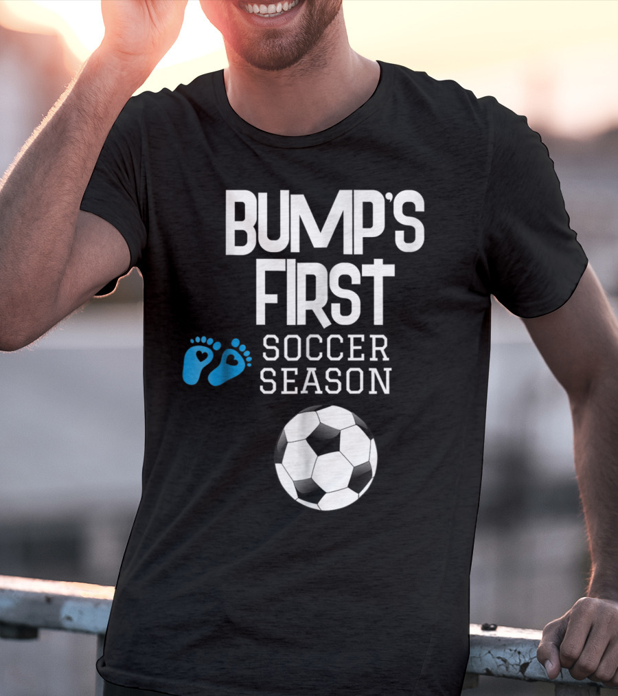 Bump's First Soccer Season New Mom To Be With Baby Footprints And Soccer Ball T-Shirt