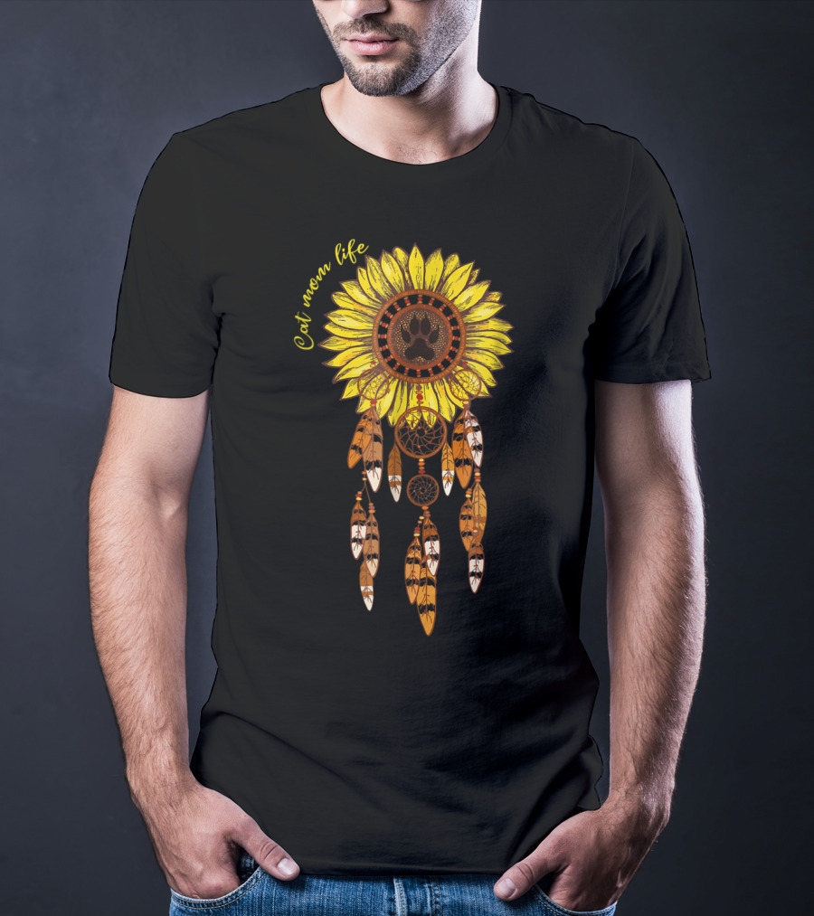Cat Mom Life Sunflower Dreamcatcher Pawprint Hippie Girl T-Shirt