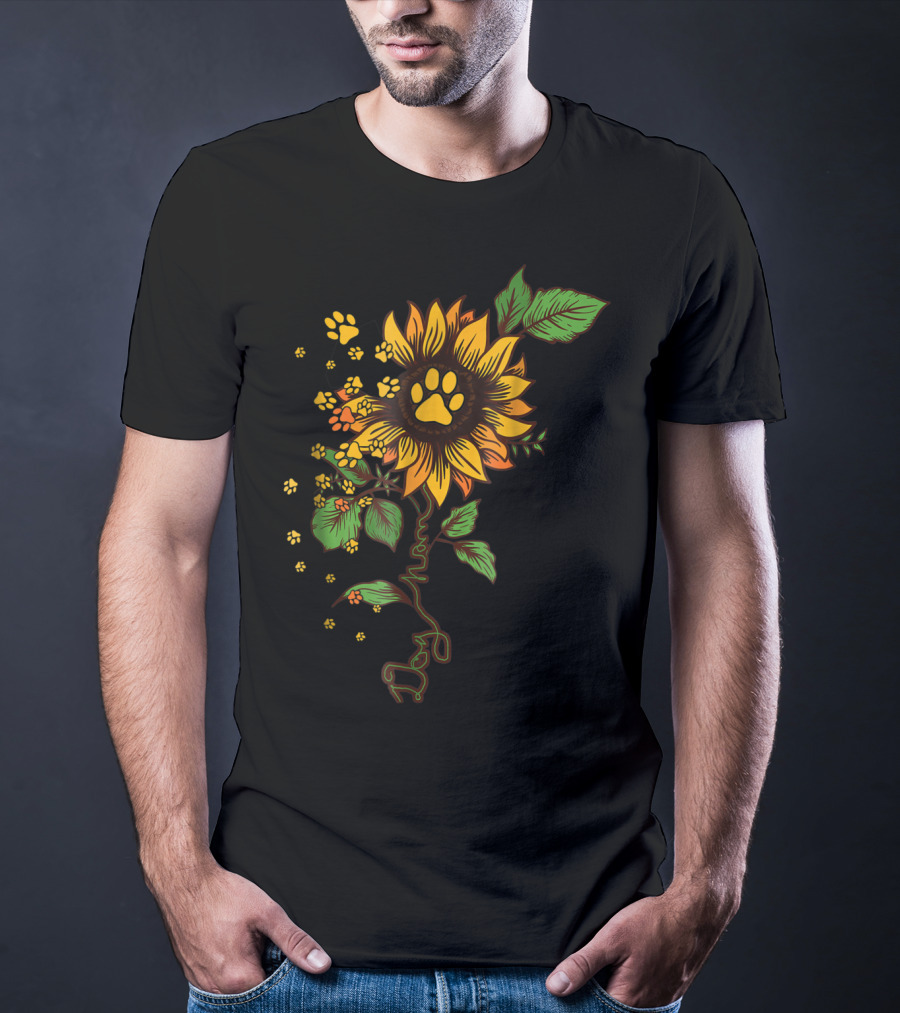 Dog Mom Paw Print Sunflower With Leaves T-Shirt