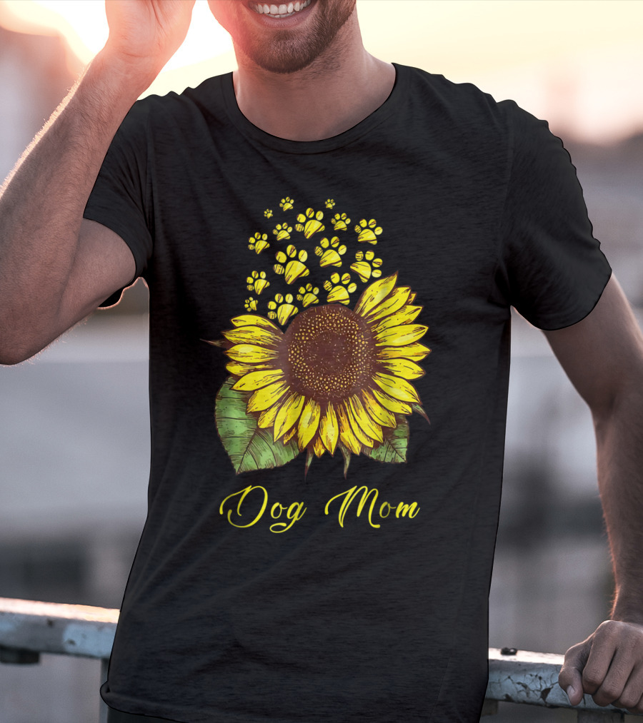 Dog Mom Sunflower With Paw Print Accents T-Shirt
