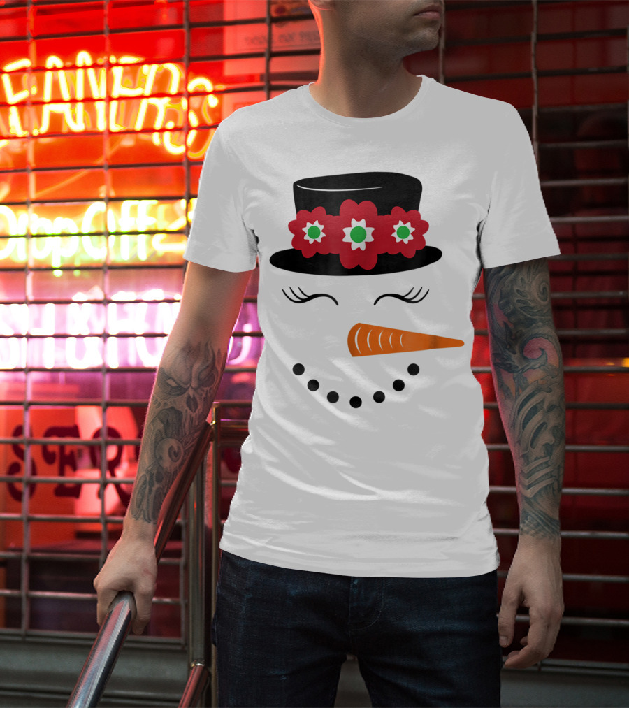 Family Christmas Card Snowman Woman With Hat And Flowers Mom Girl25 T-Shirt