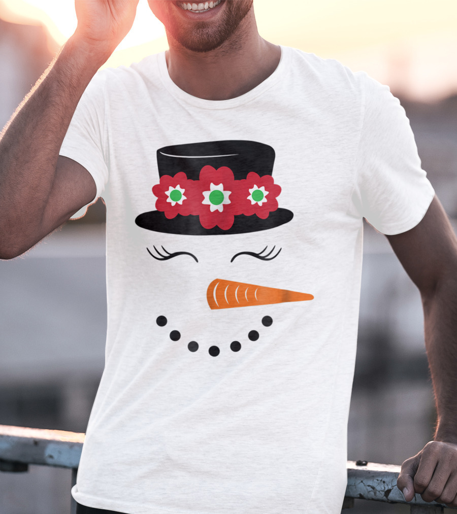 Family Christmas Card Snowman Woman With Hat And Flowers Mom Girl25 T-Shirt