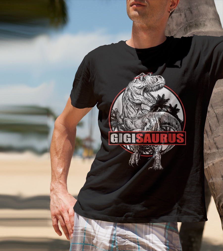 GigiSaurus Dinosaur Gigi Saurus T-Rex Palm Trees Red Glasses Circle T-Shirt