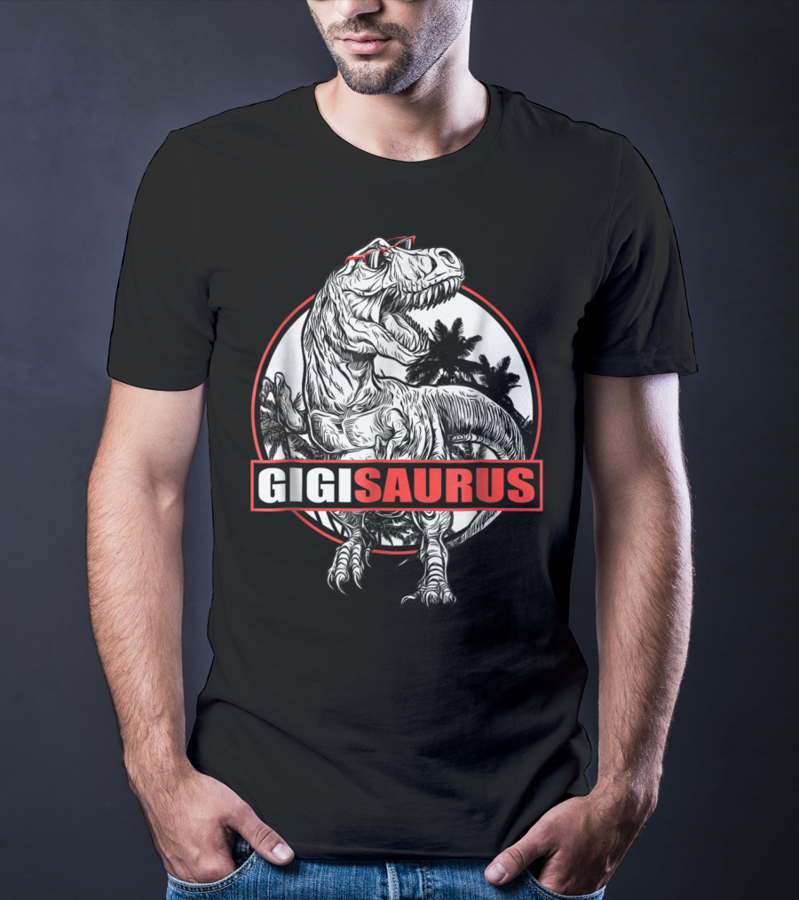 GigiSaurus Dinosaur Gigi Saurus T-Rex Palm Trees Red Glasses Circle T-Shirt