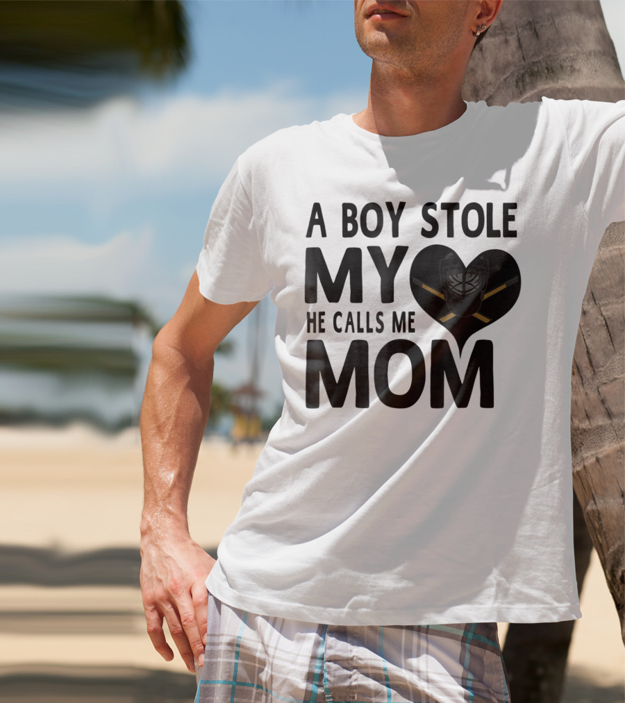 A Boy Stole My Heart He Calls Me Mom Hockey Heart Mask T-Shirt