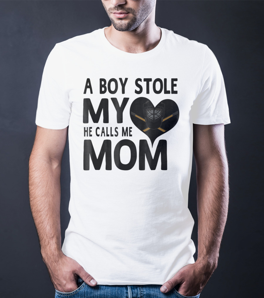 A Boy Stole My Heart He Calls Me Mom Hockey Heart Mask T-Shirt