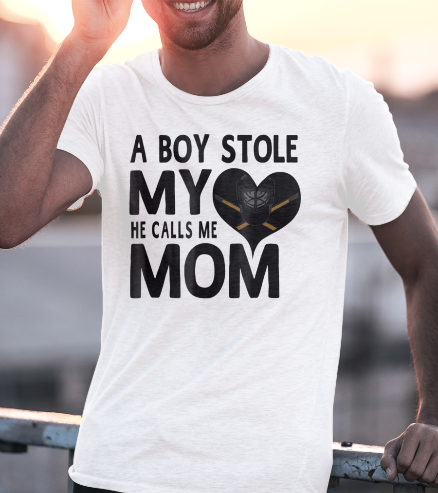 A Boy Stole My Heart He Calls Me Mom Hockey Heart Mask T-Shirt