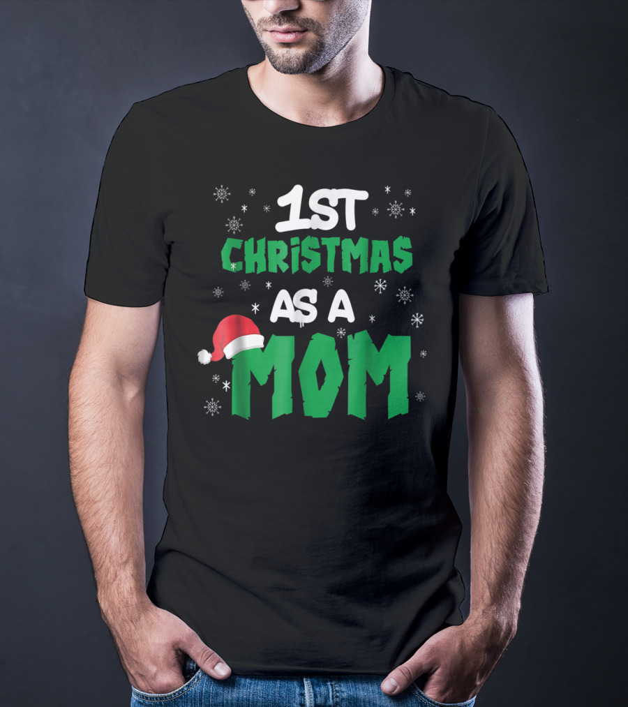 1st Christmas As A Mom Santa Hat Snowflakes T-Shirt