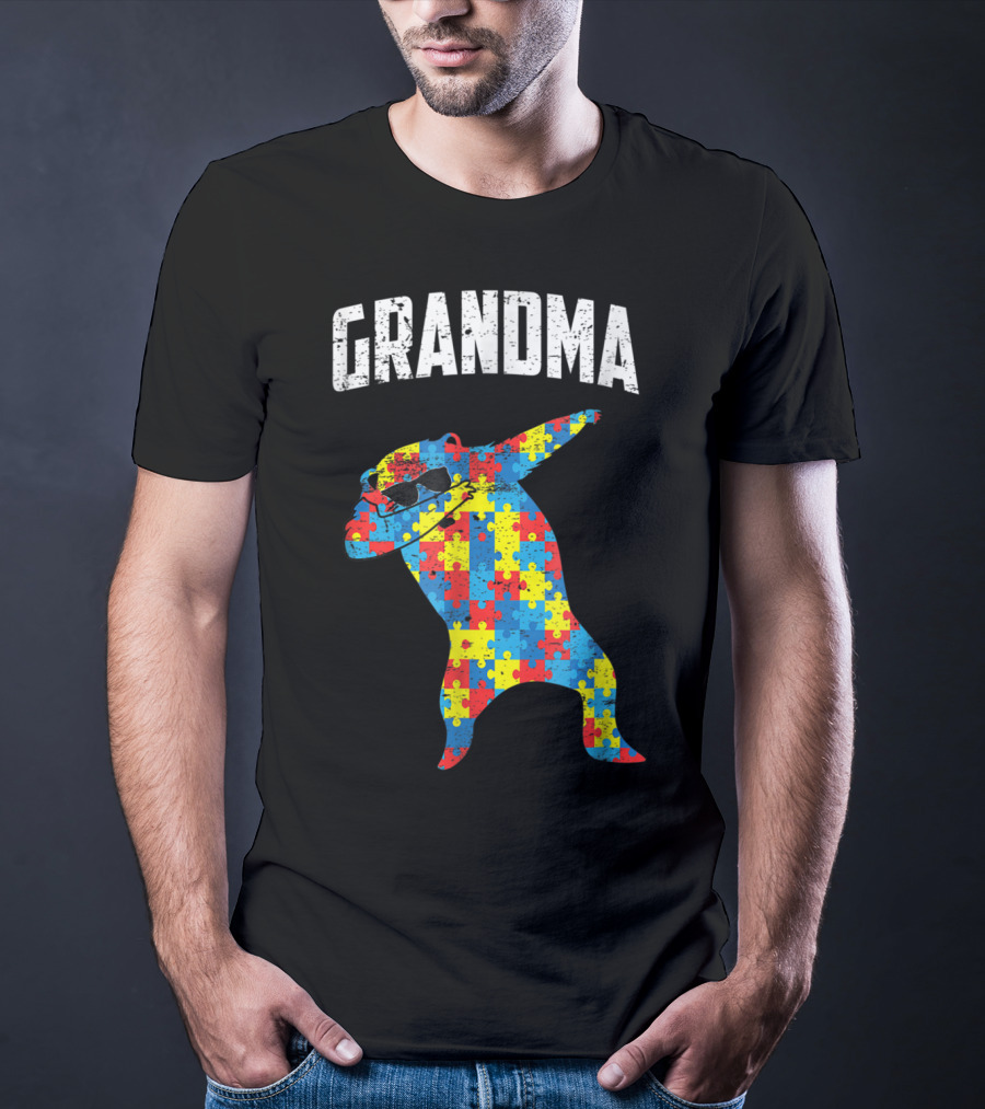 Dabbing Autism Puzzle Bear With Glasses Grandma T-Shirt