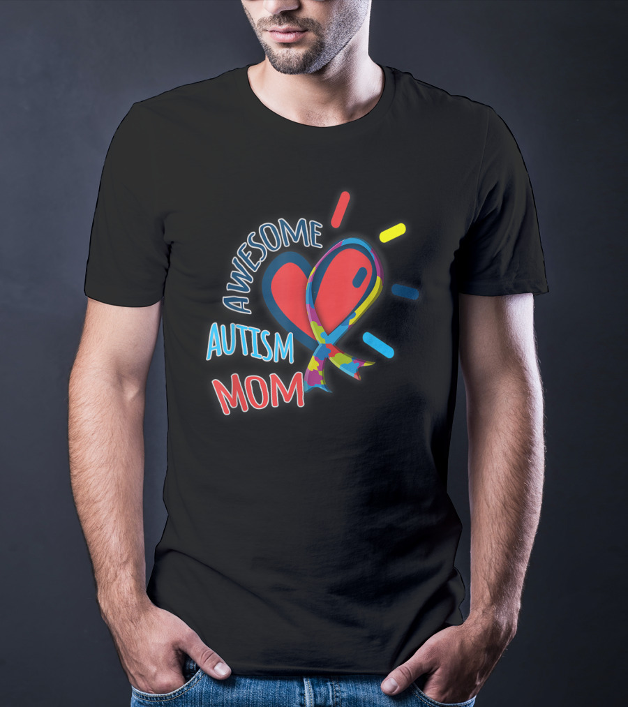 Awesome Autism Mom Heart And Puzzle Ribbon Awareness T-Shirt
