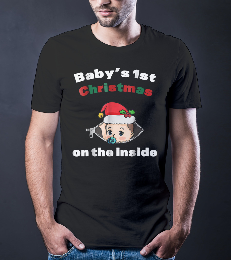 Baby's 1st Christmas On The Inside Mom To Be Santa Hat Zipper T-Shirt