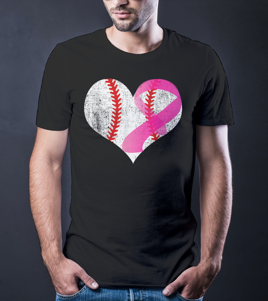 Baseball Heart Pink Ribbon Breast Cancer Awareness Mom81 T-Shirt