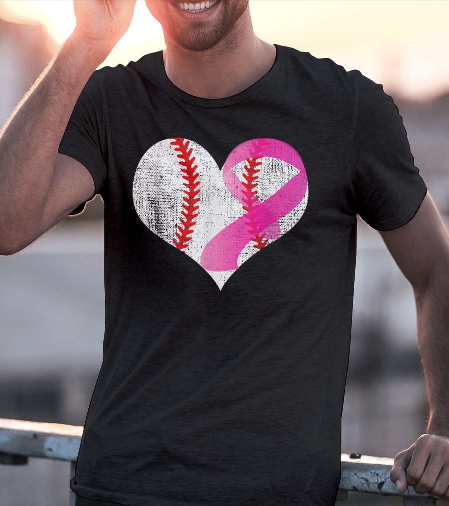 Baseball Heart Pink Ribbon Breast Cancer Awareness Mom81 T-Shirt