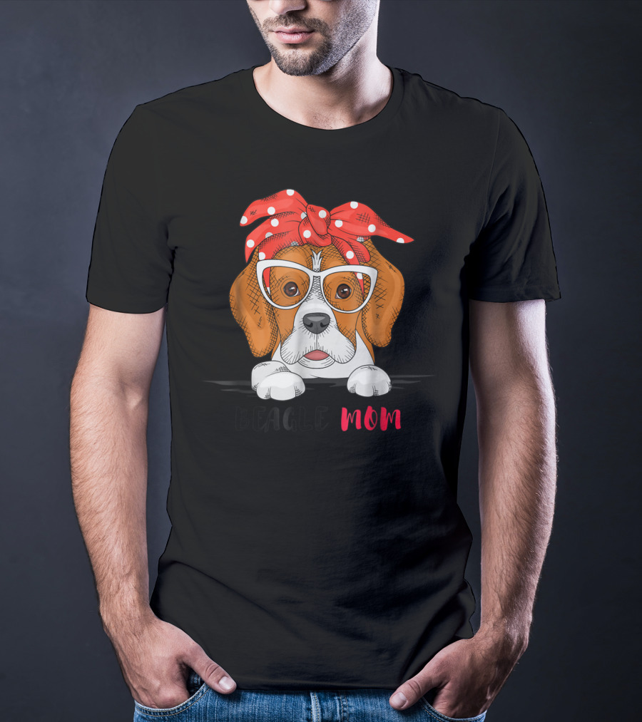 Beagle Mom With Glasses And Red Bow T-Shirt