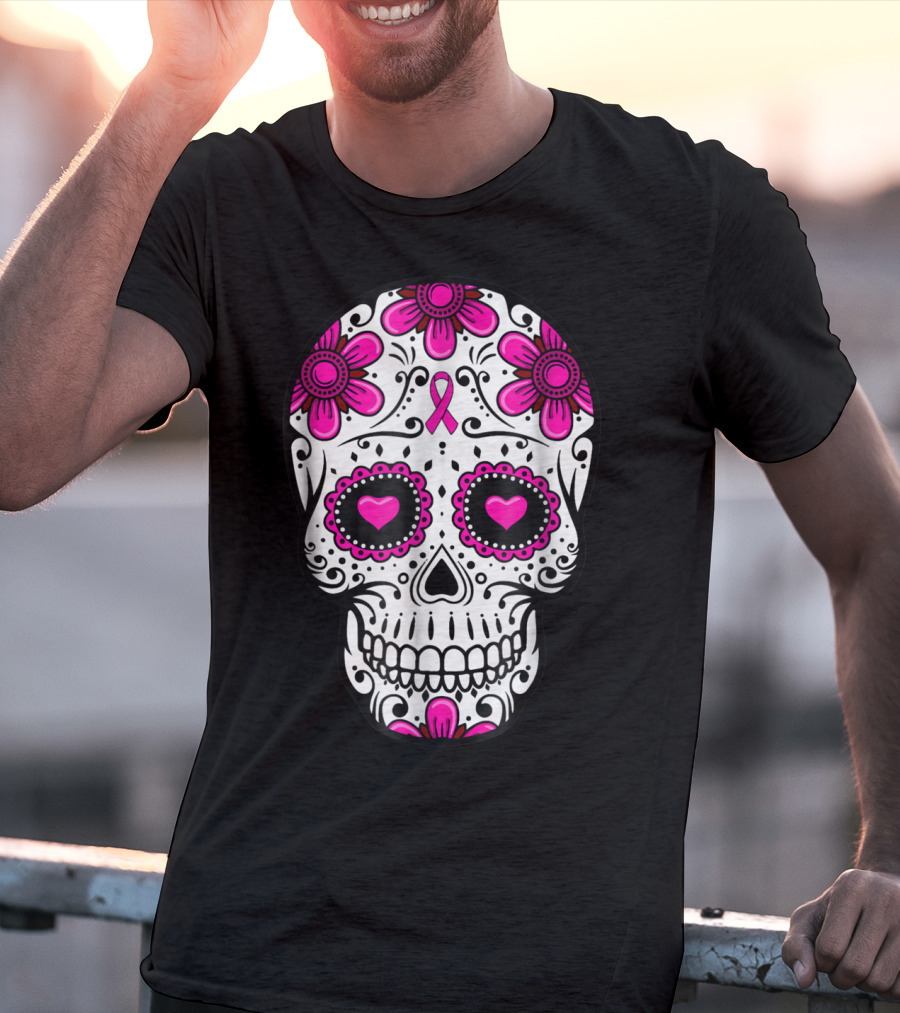 Breast Cancer Awareness Skull Pink Ribbon Mom Wife Floral T-Shirt