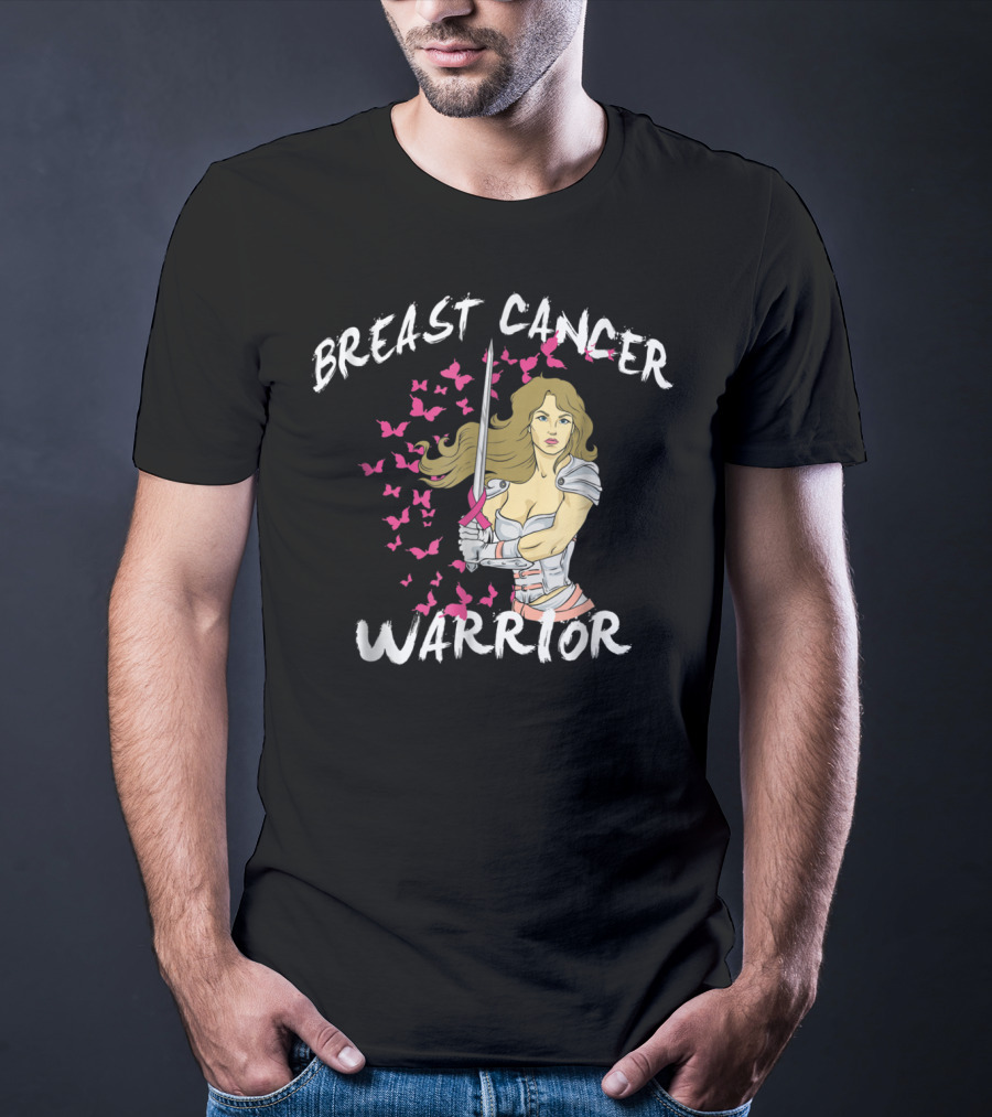 Breast Cancer Warrior Mom Knight With Ribbon Sword And Butterflies T-Shirt