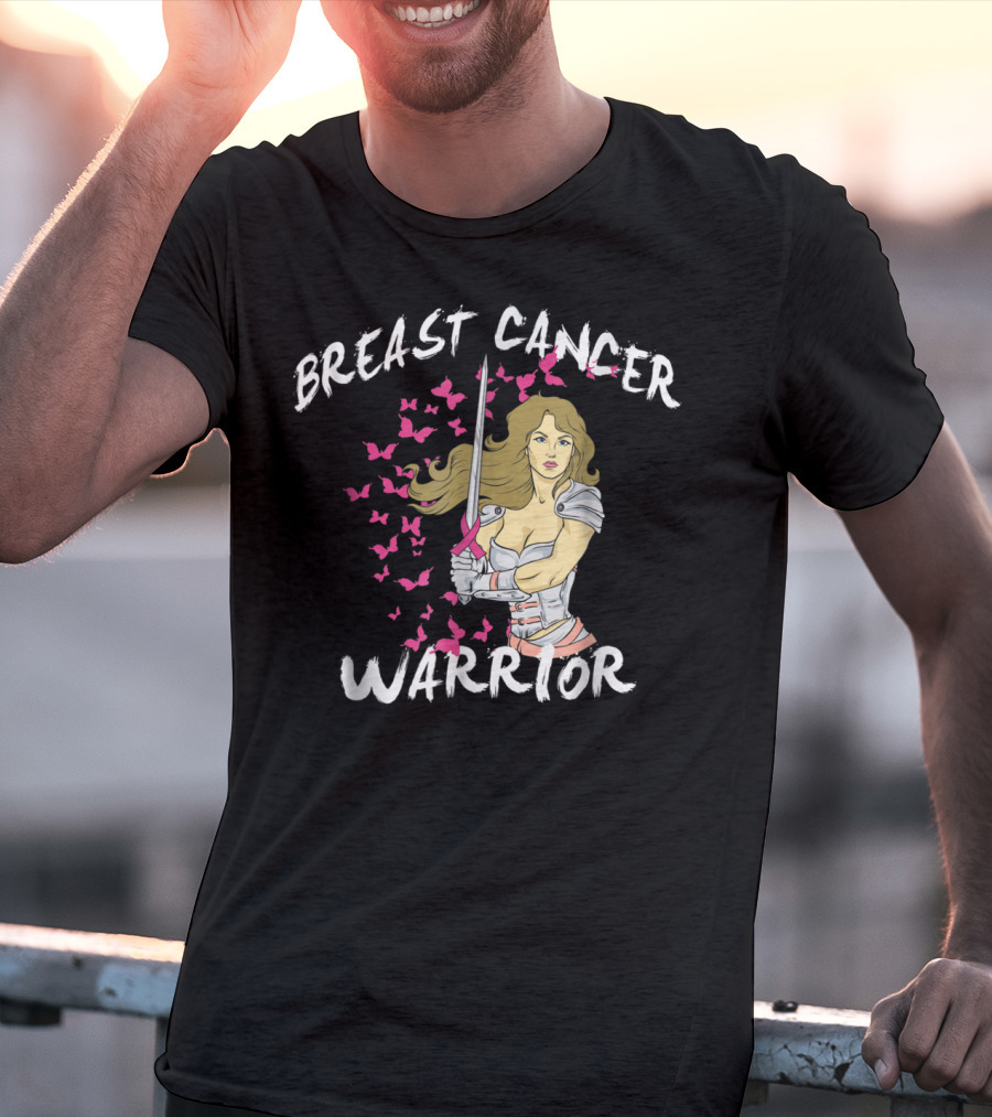 Breast Cancer Warrior Mom Knight With Ribbon Sword And Butterflies T-Shirt