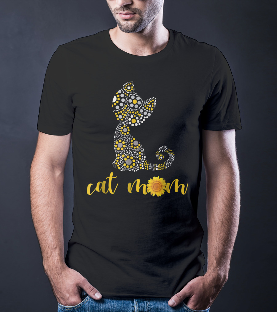 Cat Mom Sunflower Dot Art Funny Cat Lover 90 T-Shirt