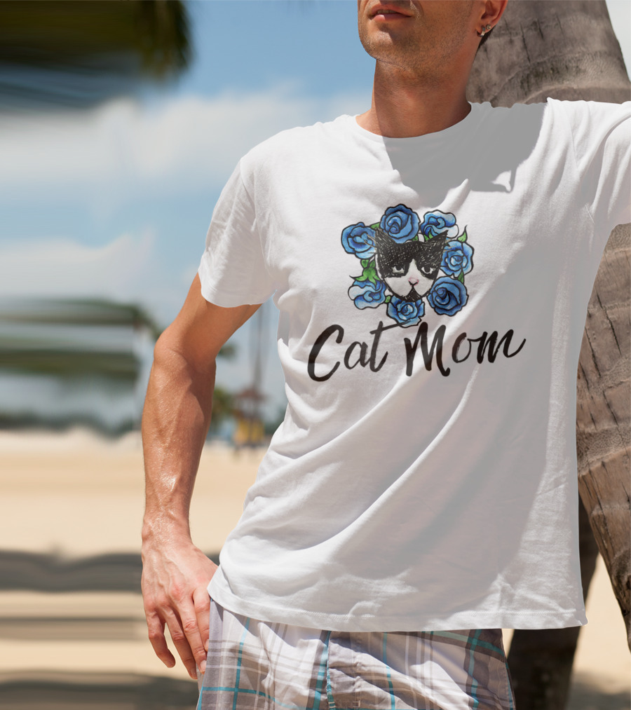 Cat Mom Floral Tuxedo Cat Blue Roses T-Shirt