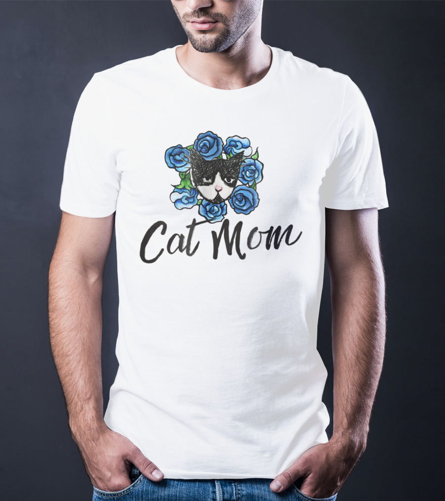 Cat Mom Floral Tuxedo Cat Blue Roses T-Shirt