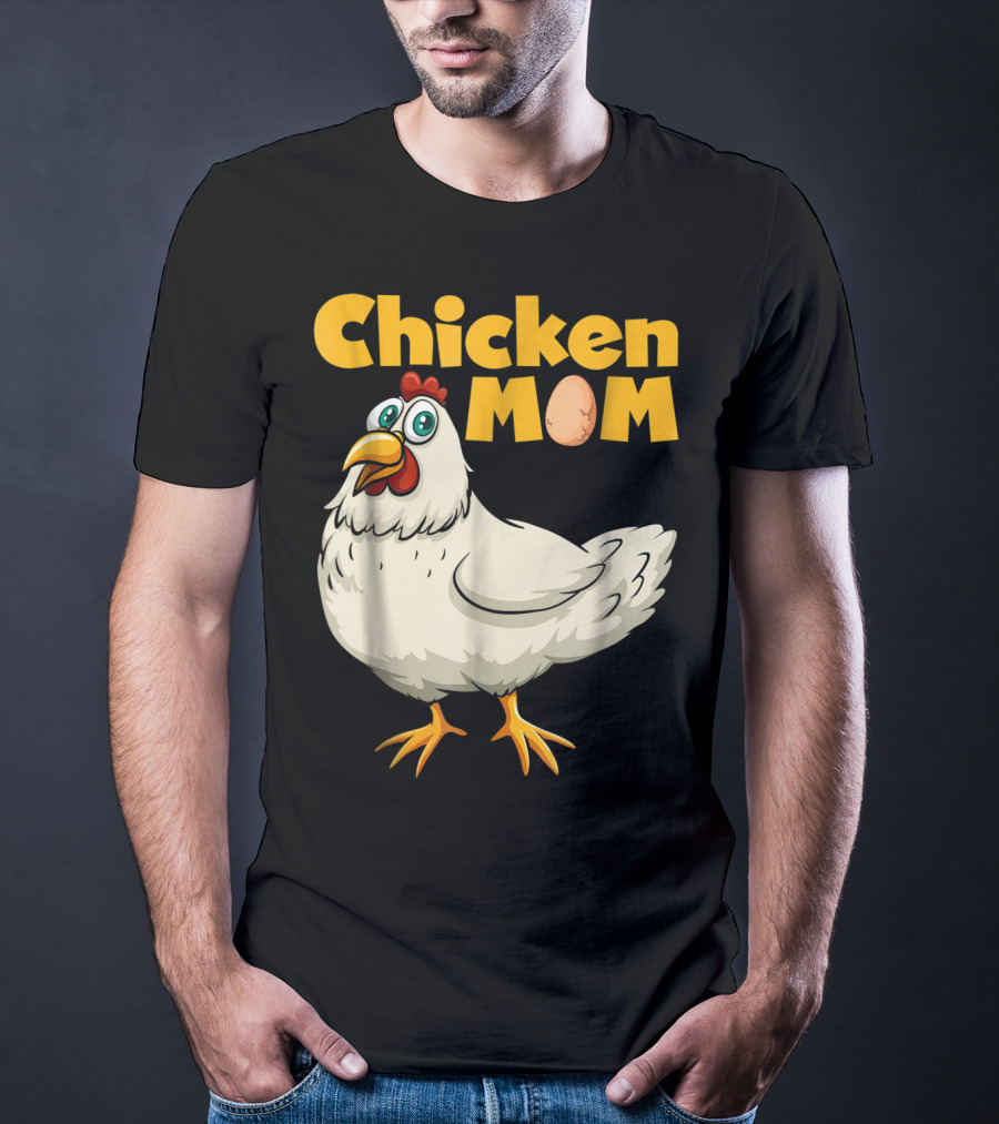 Chicken Mom Cute Cartoon Hen With Egg Lettering T-Shirt