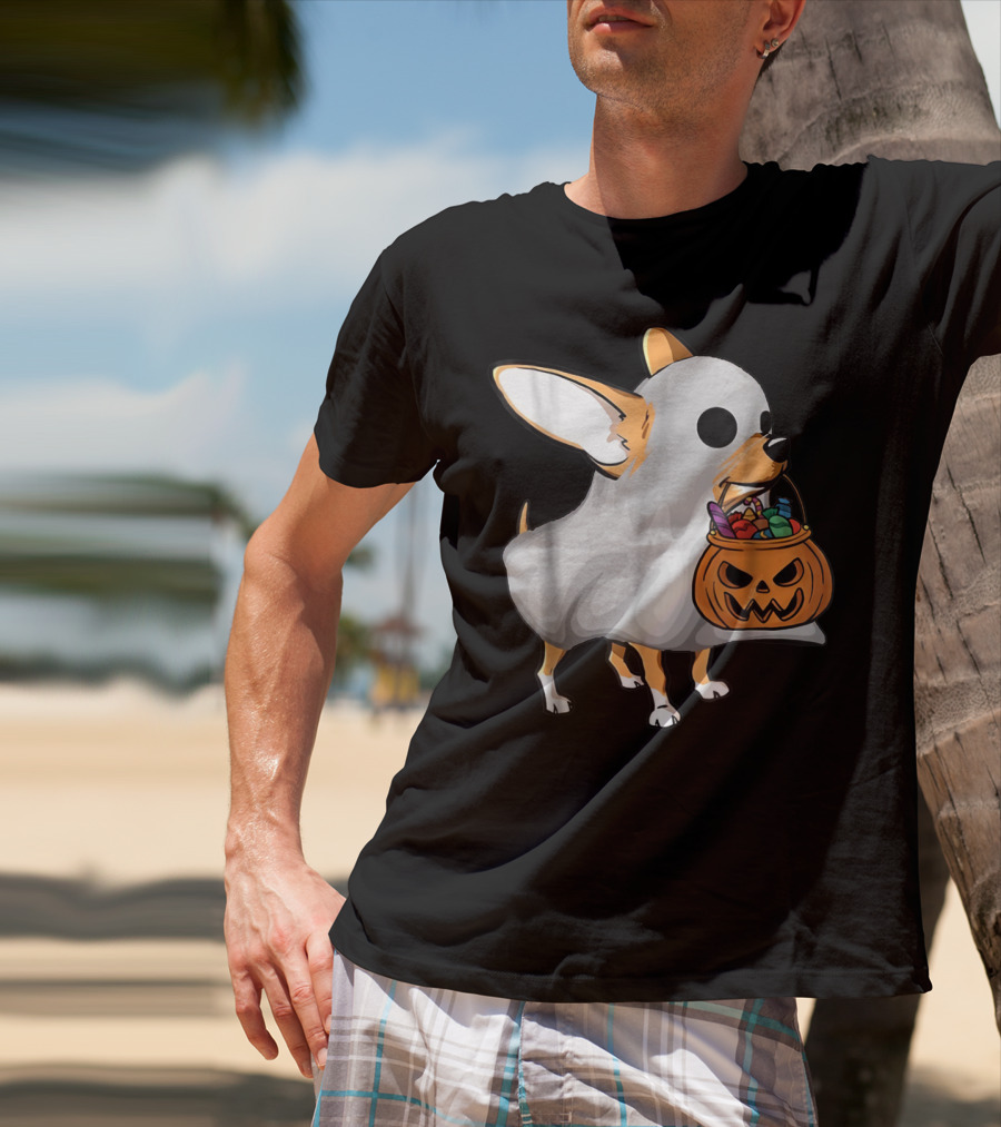 Ghost Chihuahua Trick-or-Treat Pumpkin Basket T-Shirt