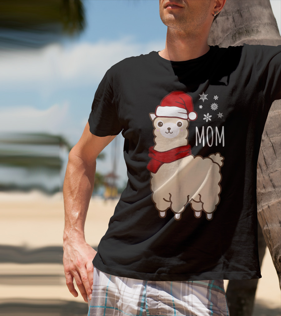 Christmas Mom Llama Cria Herd Xmas Mother Santa Hat Snowflakes T-Shirt