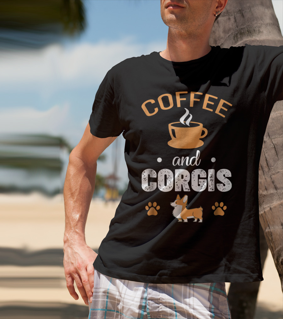 Coffee And Corgis Cute Welsh Corgi With Paw Prints And Coffee Cup T-Shirt