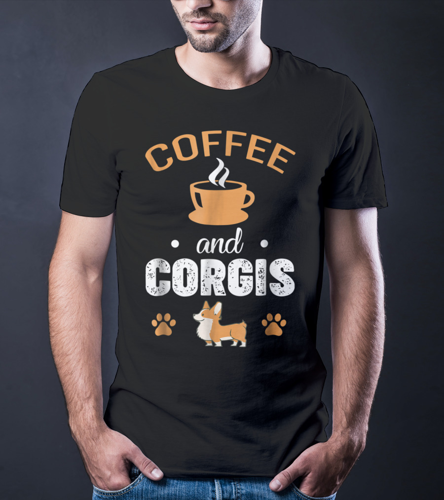 Coffee And Corgis Cute Welsh Corgi With Paw Prints And Coffee Cup T-Shirt