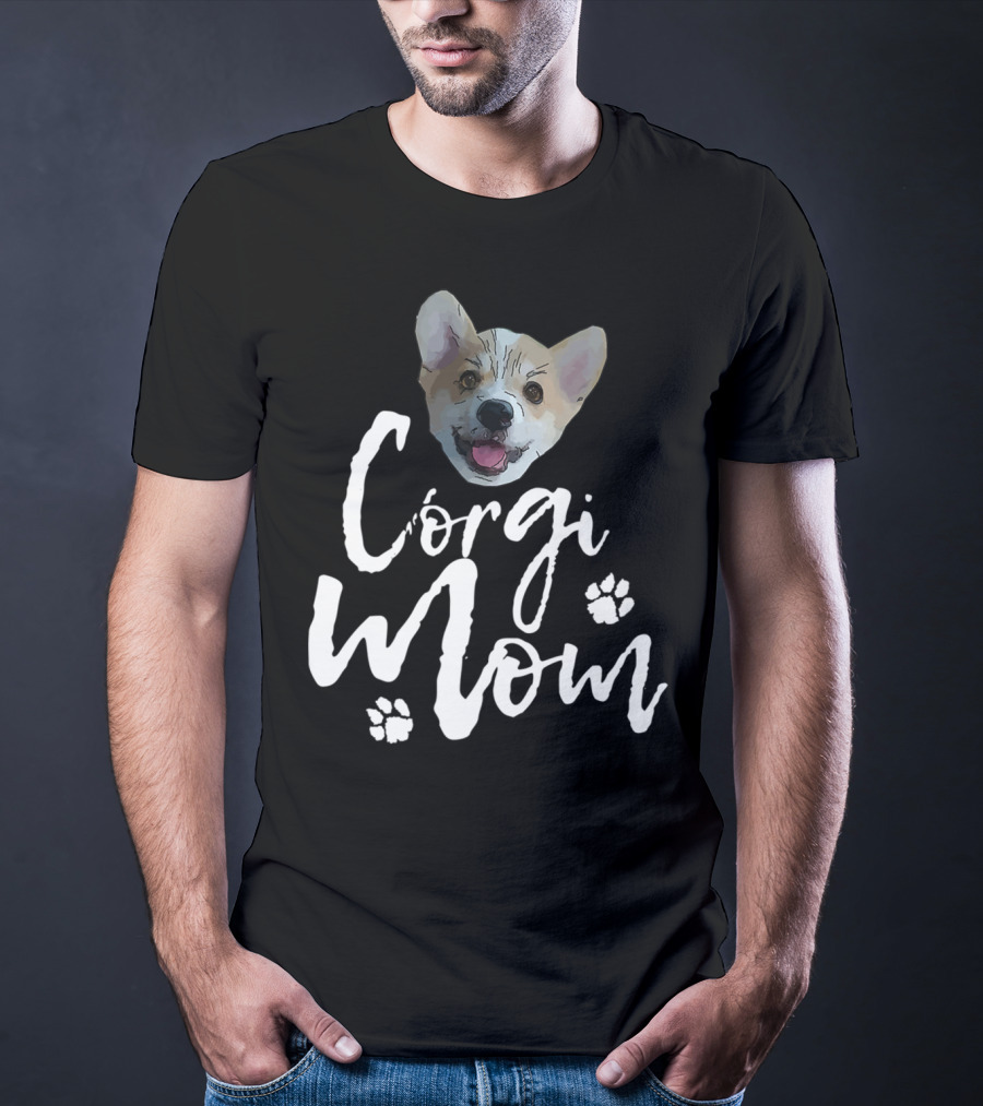 Corgi Mom Cute Dog Face With Paw Print Accents T-Shirt