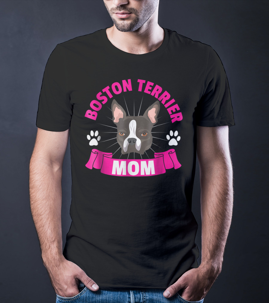 Boston Terrier Mom Cute Dog Face Paw Print Charm T-Shirt