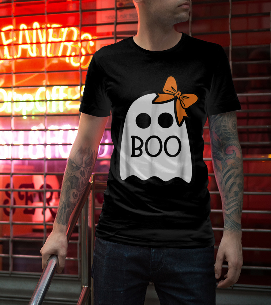 Cute Ghost Boo With Orange Bow For Halloween T-Shirt