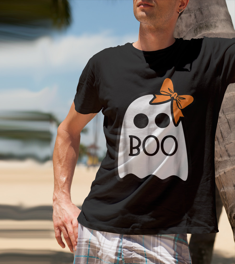 Cute Ghost Boo With Orange Bow For Halloween T-Shirt