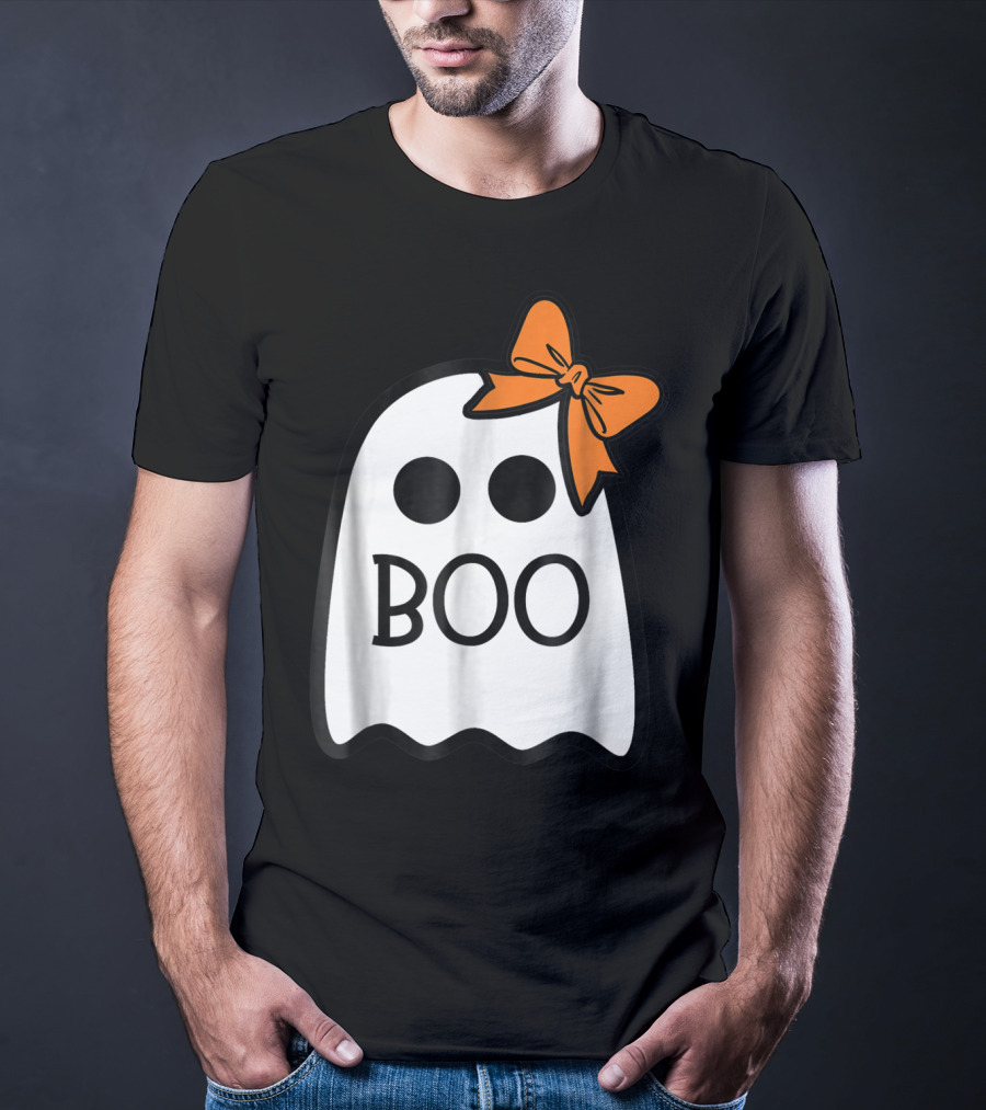 Cute Ghost Boo With Orange Bow For Halloween T-Shirt